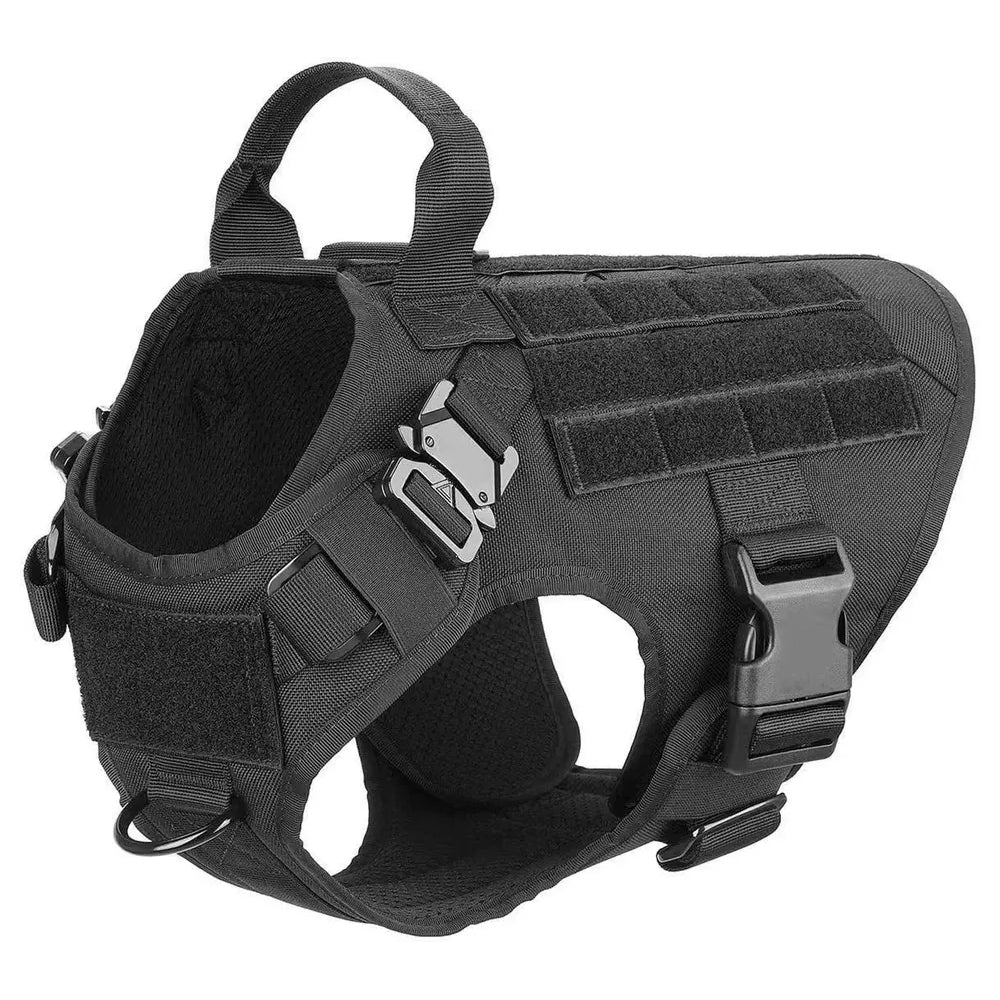 Black tactical dog harness on German Shepherd in training