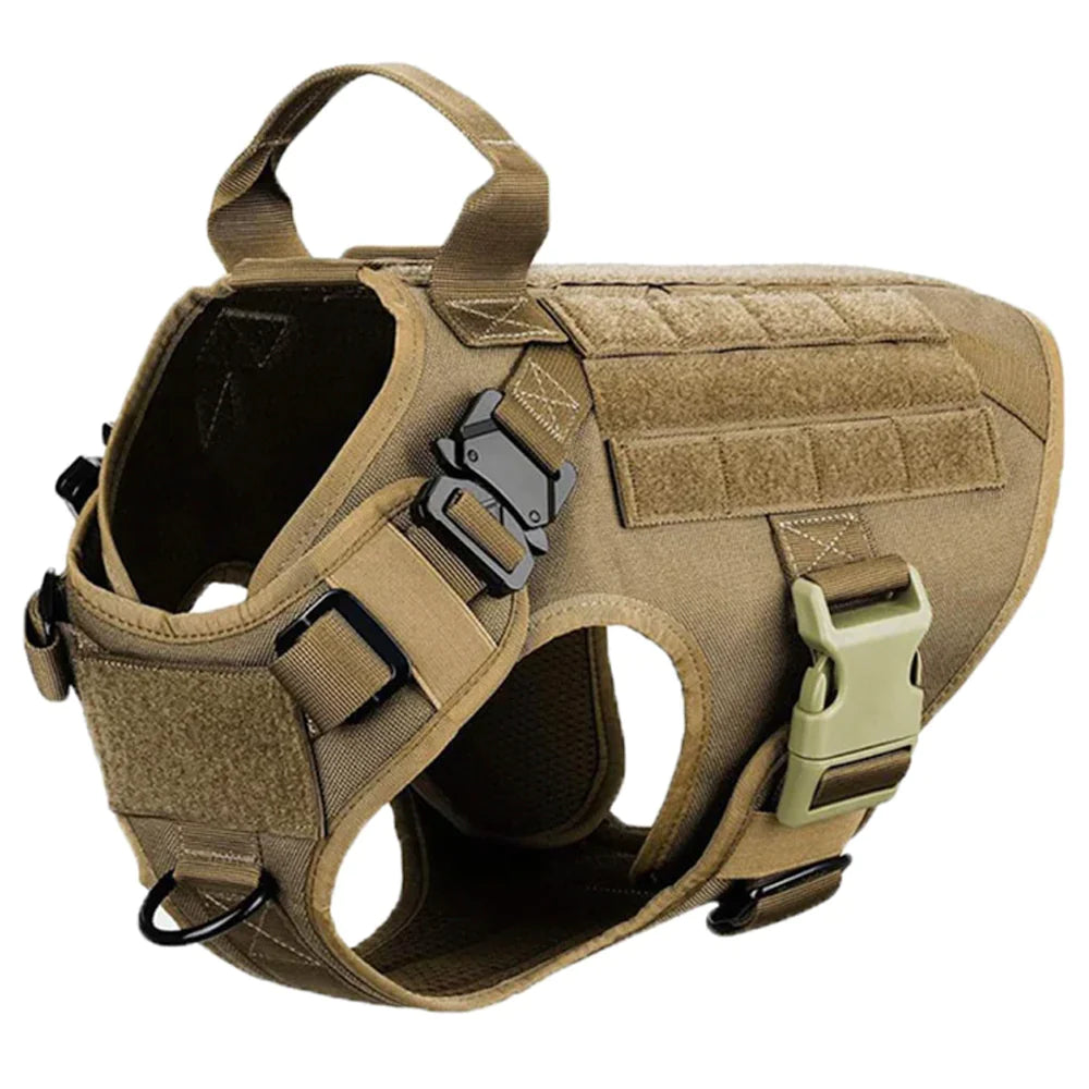 Brown tactical dog harness on German Shepherd in training