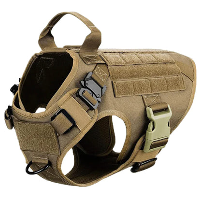 Brown tactical dog harness on German Shepherd in training